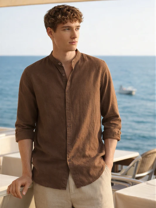 Men's Brown Slim Fit Solid Resort Wear Shirt — Brown