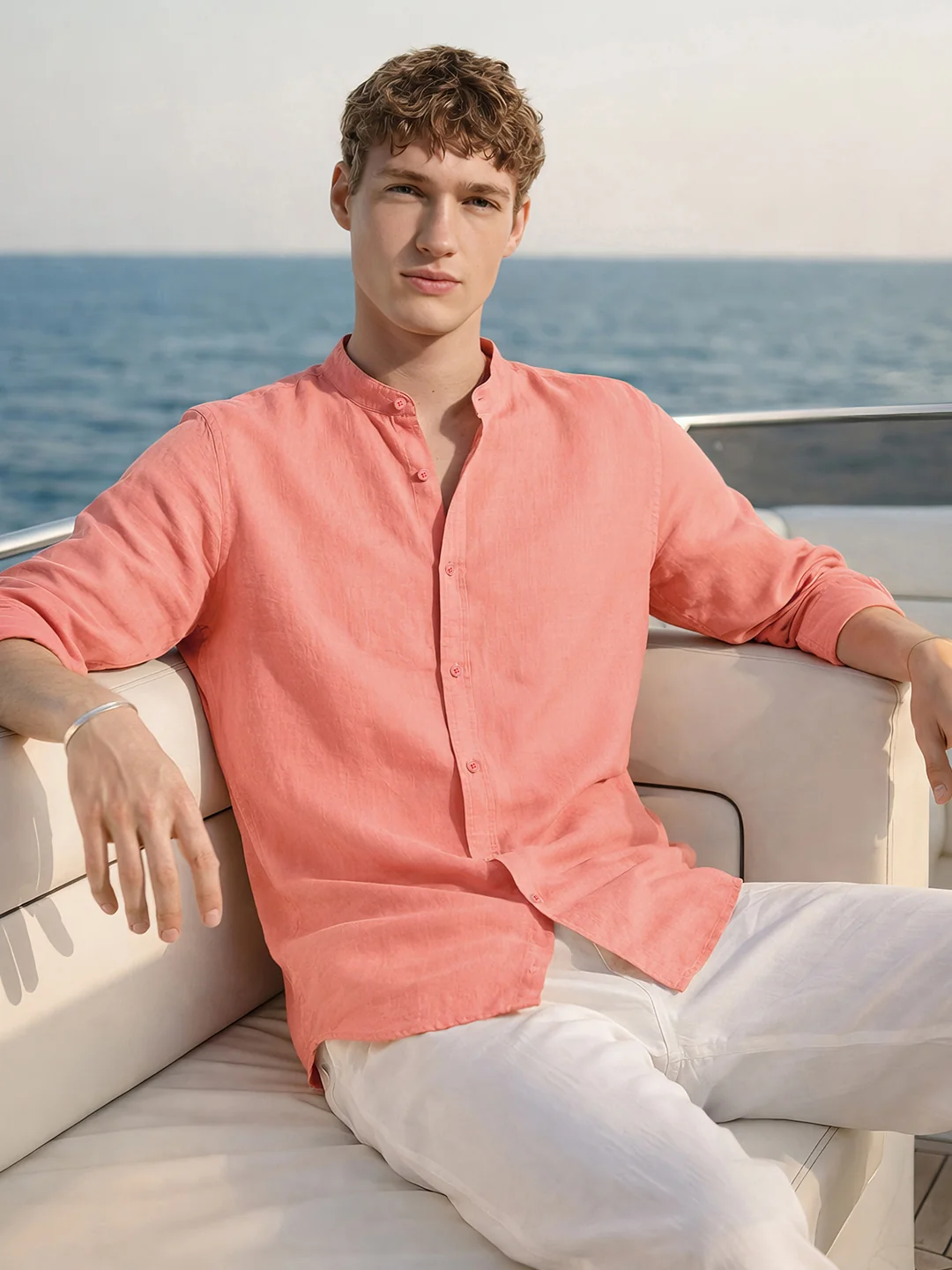 Men's Brown Slim Fit Solid Resort Wear Shirt — Pink